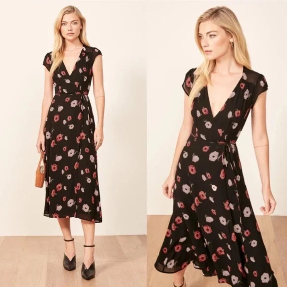 Reformation Carina Floral Jennifer Midi Wrap Dress, sz SMALL